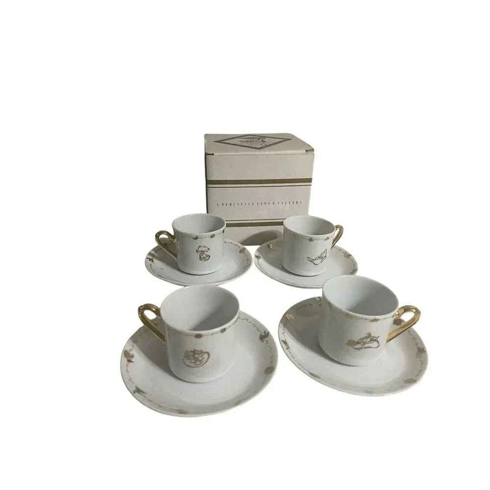 Vtg Set of 4 Looney Tunes After 6 Tea Cups  Saucers  White & Gold Inlay